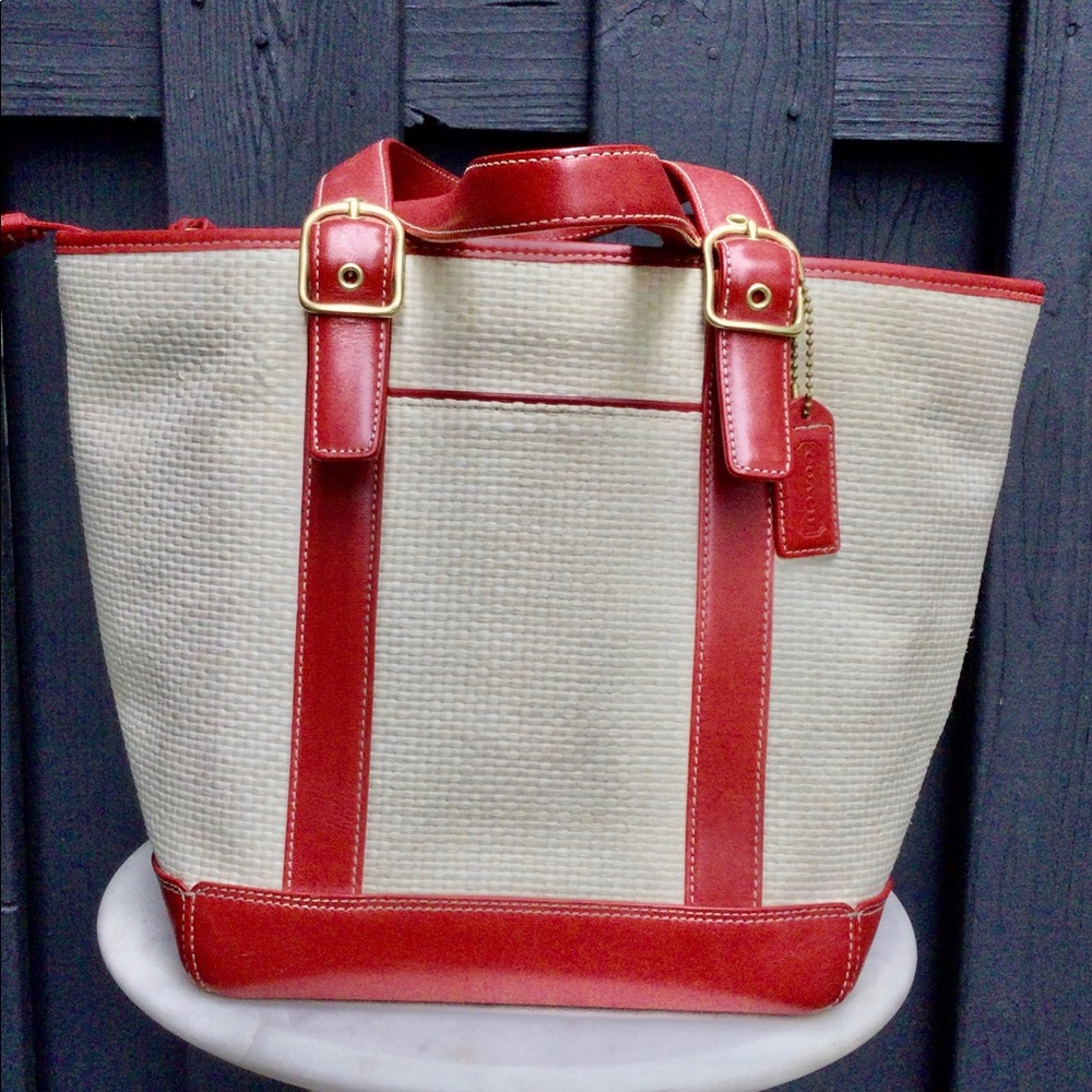 Vintage Coach Woven Straw and Red Leather Tote
